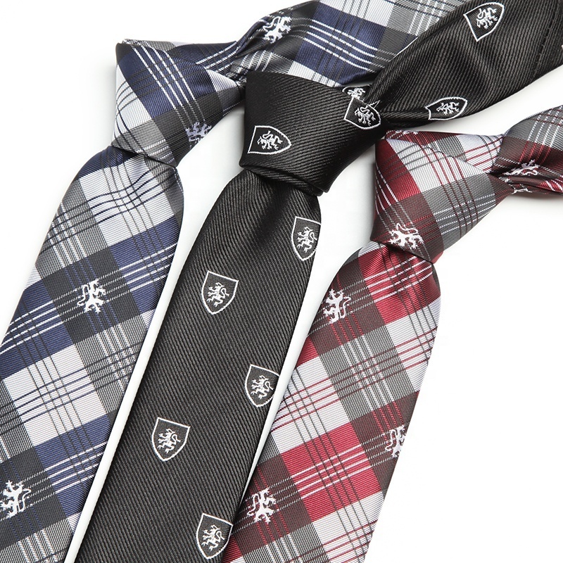 OEM Microfiber School tie Custom Embroidery Logo All Over Checked Plaid Tie With Logo