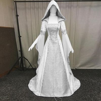 Medieval Renaissance Maxi Train Dress Women Halloween Devil Pagan Witch Wedding Costume Hooded Gown Robe Cosplay Costume