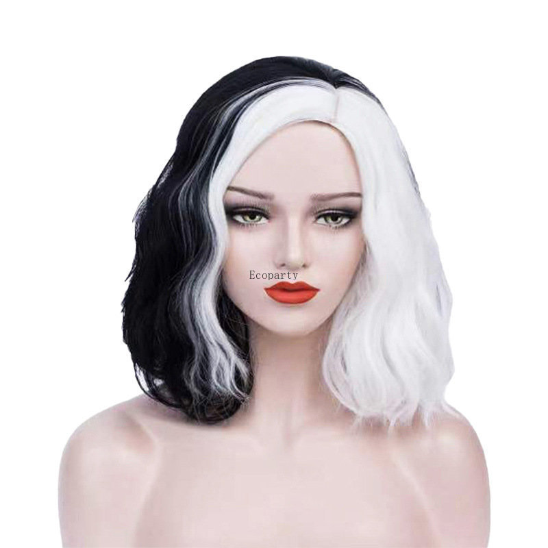 Cosplay Halloween Costume Party Wig CRUELLA Deville De Vil Black White With Bangs Short Bob Ladies Heat-Resistant Synthetic Wig