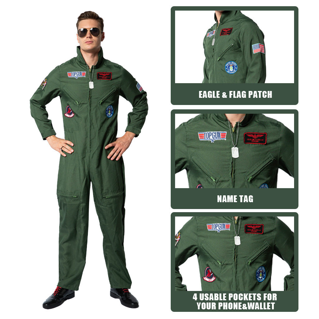 Movie Cosplay American Airforce Uniform Halloween Costumes For Men Adult Army Green Cos Pilot Jumpsuit