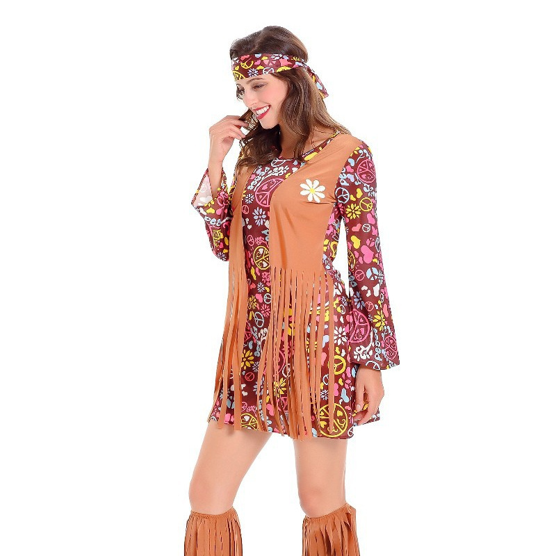 70s Women Hippie Costume Halloween Tribal Dance Dress Women Native Princess of Tribe Stage Performance Tassel Girl Costume