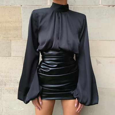 Lantern Sleeve Hight Neck Satin Blouse Women Slim Solid Ruched Cropped Elastic Fashion Spring Elegant Ladies Top ecowalson