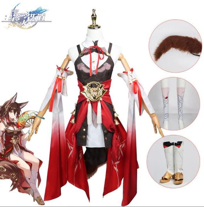 ecowalson Tingyun Honkai Star Rail Cosplay Costume Wig Anime Game Ting Yun Cosplay Ear Tail Fan Halloween Party for Women Girls