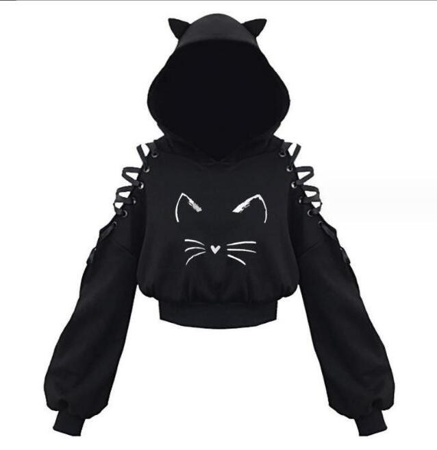 ecowalson  Harajuku Women steampunk Top Long Sleeveless Cute Cat Ear Hooded Pullover Sweatshirt Hollow Out Lace Up Hoodies