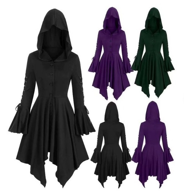 Medieval Cosplay Gothic Halloween Costumes for Women Dress Witch Middle Ages Renaissance Black Cloak Clothing Hooded Dress