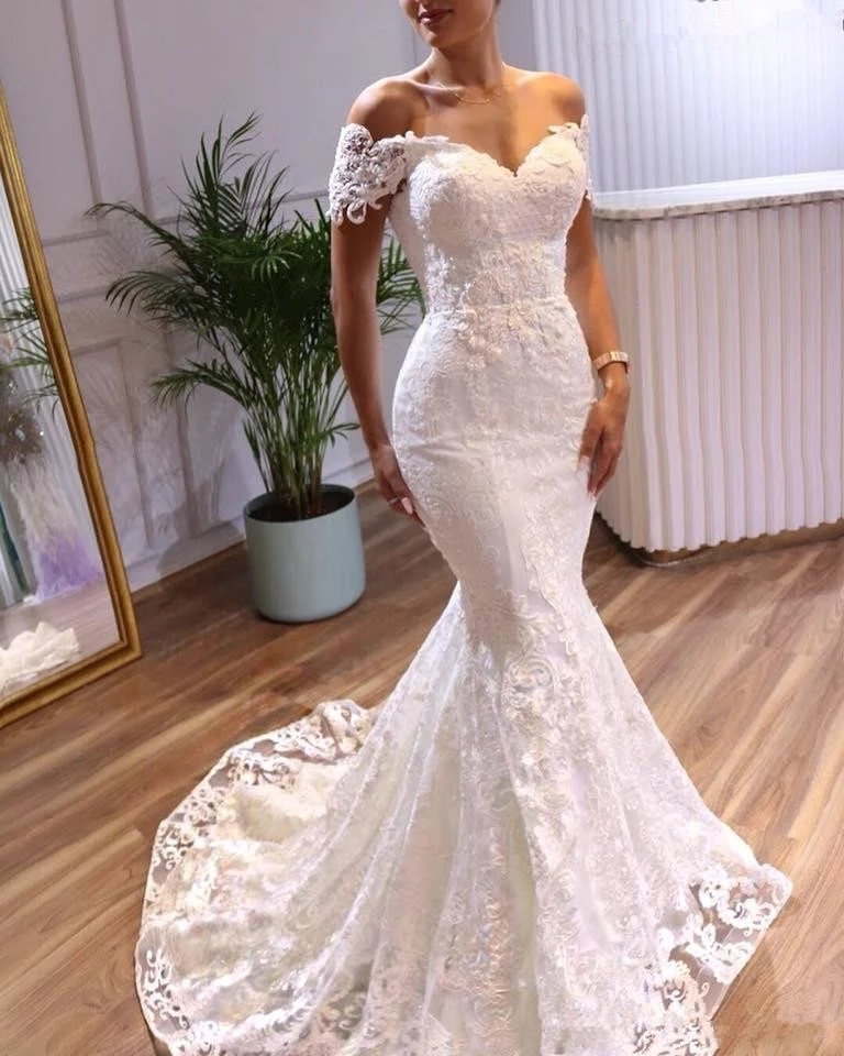 Hot sale luxury  lace customized appliqued beaded first Mermaid Wedding dresses bridal gown with short sleeve