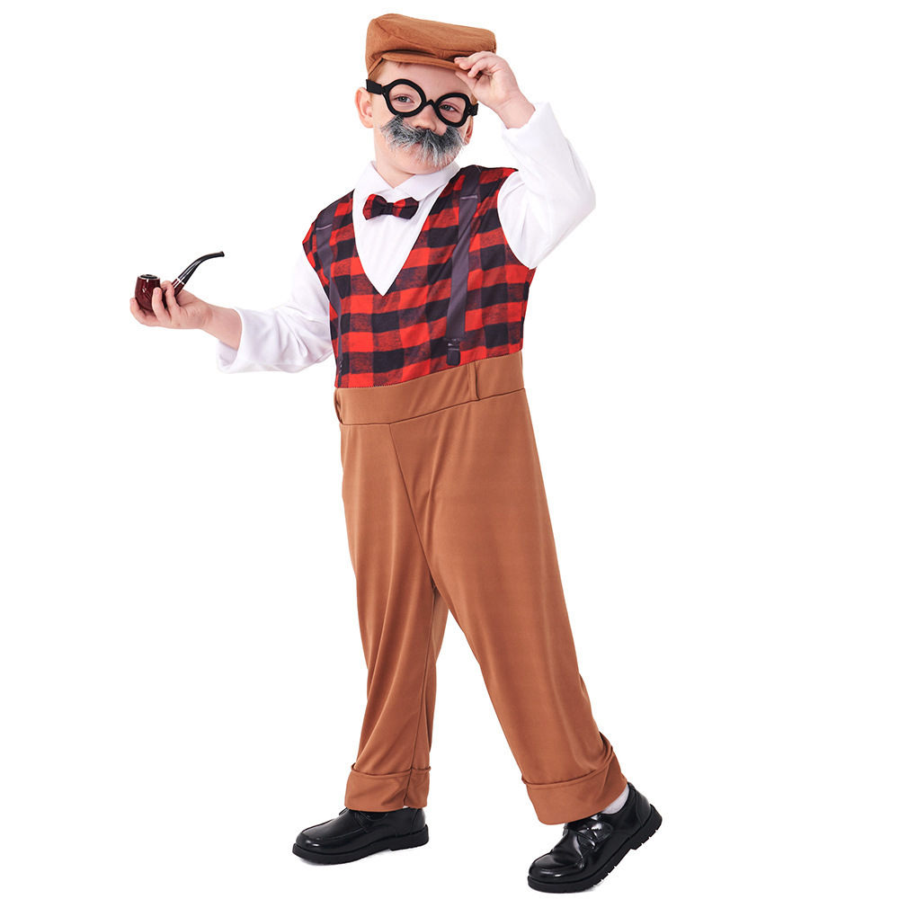 Boys The Elderly Grandpa Cosplay Costumes Children's Day Stage Grandfather Costume Outfit Jumpsuit Glass Hat With Beard