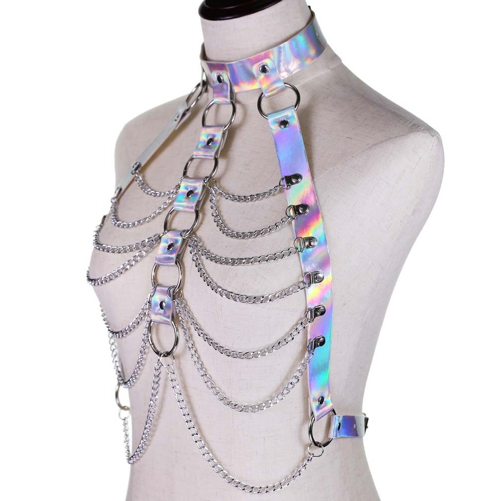 Women Laser Transparent Caged Bra Chain Body Harness Belt 2021 Sexy Waist Belt Bondage Female Holographic Strap Top Waist Belts