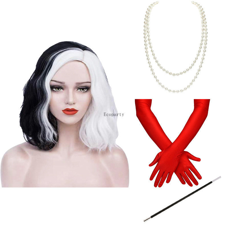 Cosplay Halloween Costume Party Wig CRUELLA Deville De Vil Black White With Bangs Short Bob Ladies Heat-Resistant Synthetic Wig