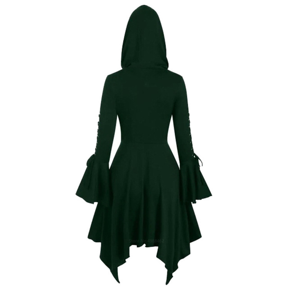 Medieval Cosplay Gothic Halloween Costumes for Women Dress Witch Middle Ages Renaissance Black Cloak Clothing Hooded Dress