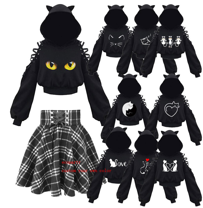 ecowalson  Harajuku Women steampunk Top Long Sleeveless Cute Cat Ear Hooded Pullover Sweatshirt Hollow Out Lace Up Hoodies