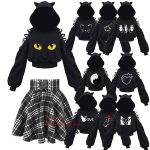 ecowalson  Harajuku Women steampunk Top Long Sleeveless Cute Cat Ear Hooded Pullover Sweatshirt Hollow Out Lace Up Hoodies