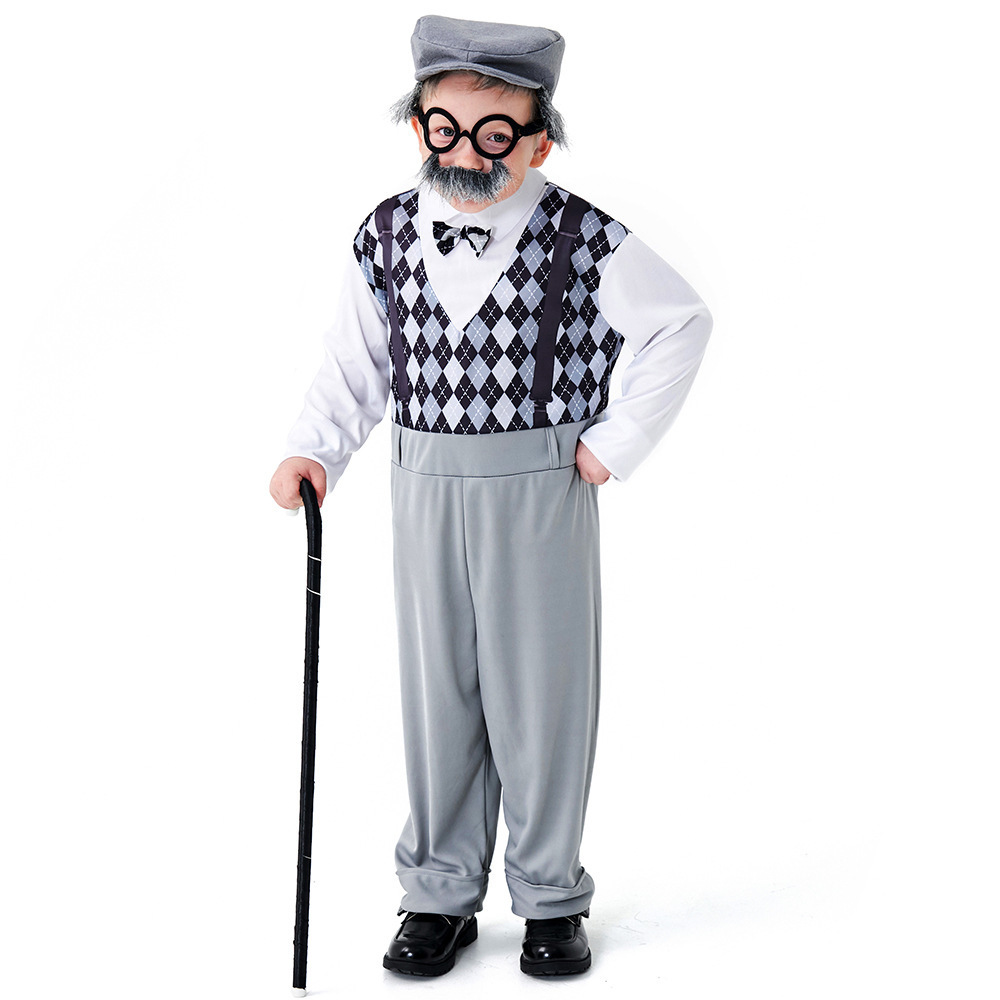 Boys The Elderly Grandpa Cosplay Costumes Children's Day Stage Grandfather Costume Outfit Jumpsuit Glass Hat With Beard