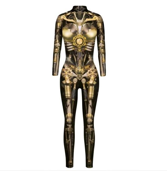 Ecowalson 3D Digital  Robot Print Bodysuit Children Punk Robot Jumpsuit Adults Halloween Cosplay Costumes Outfit