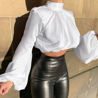 Lantern Sleeve Hight Neck Satin Blouse Women Slim Solid Ruched Cropped Elastic Fashion Spring Elegant Ladies Top ecowalson