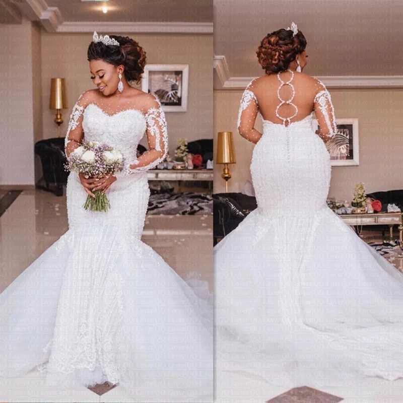 Sexy Backless Modest Wedding Dress Strapless Long Sleeve Floor Length Custom Formal Bridal Mermaid Lace African Wedding Dress