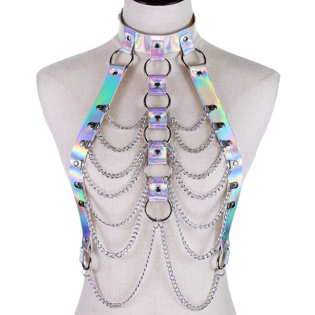 Women Laser Transparent Caged Bra Chain Body Harness Belt 2021 Sexy Waist Belt Bondage Female Holographic Strap Top Waist Belts