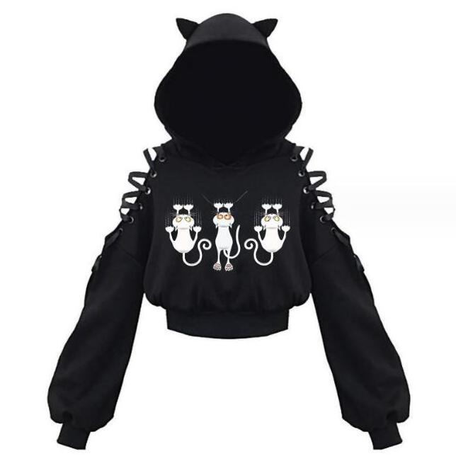 ecowalson  Harajuku Women steampunk Top Long Sleeveless Cute Cat Ear Hooded Pullover Sweatshirt Hollow Out Lace Up Hoodies