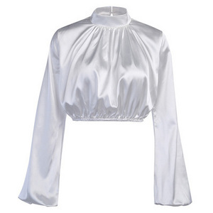 Lantern Sleeve Hight Neck Satin Blouse Women Slim Solid Ruched Cropped Elastic Fashion Spring Elegant Ladies Top ecowalson