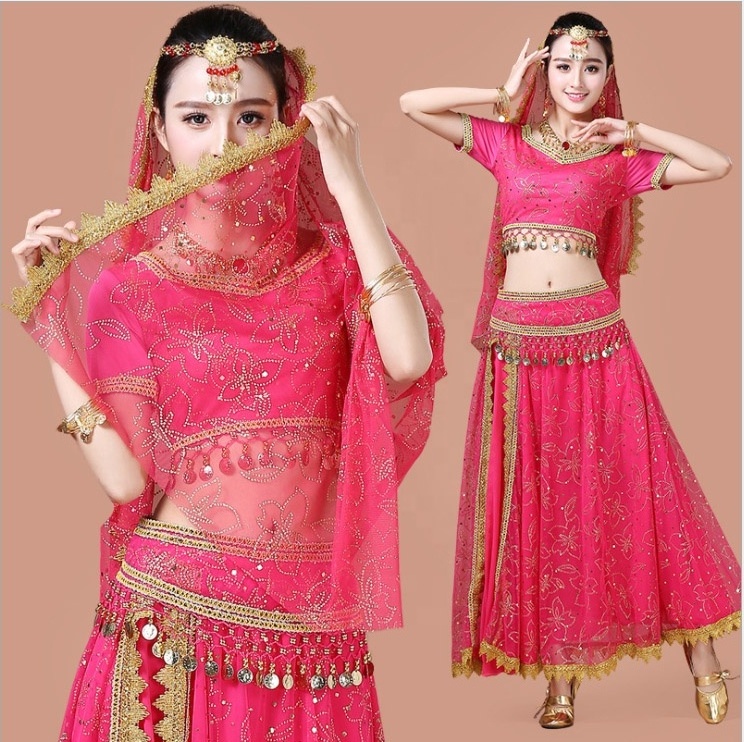 2020 Women's Indian Belly Dance Costume Set Bollywood Stage Performance Chiffon Top Dress Belt Belly Dance ECOPARTY