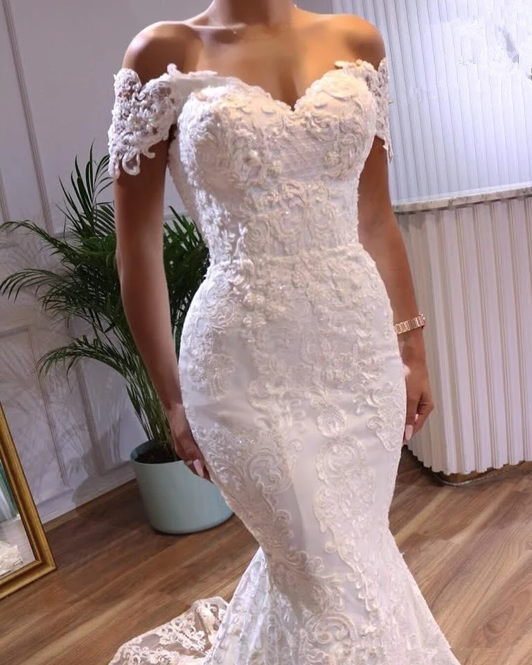 Hot sale luxury  lace customized appliqued beaded first Mermaid Wedding dresses bridal gown with short sleeve