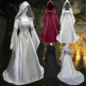 Medieval Renaissance Maxi Train Dress Women Halloween Devil Pagan Witch Wedding Costume Hooded Gown Robe Cosplay Costume