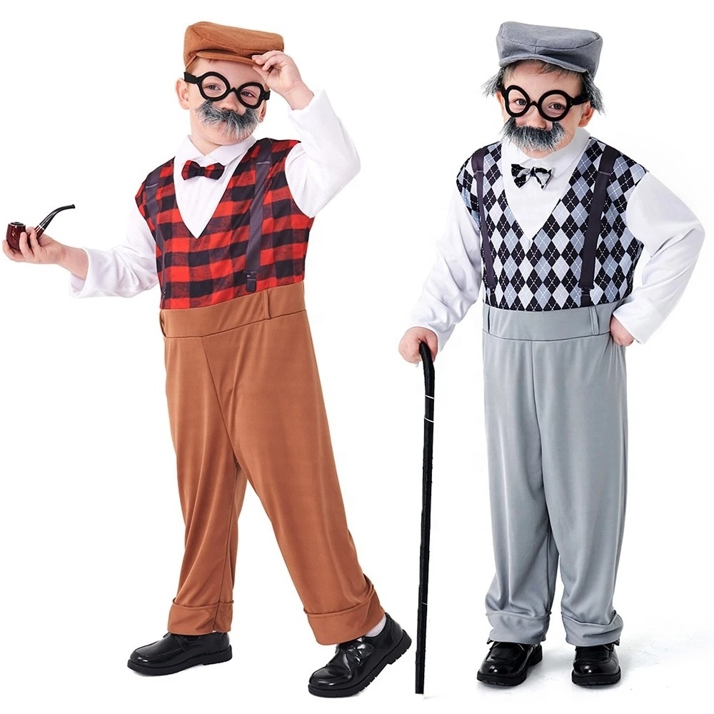 Boys The Elderly Grandpa Cosplay Costumes Children's Day Stage Grandfather Costume Outfit Jumpsuit Glass Hat With Beard