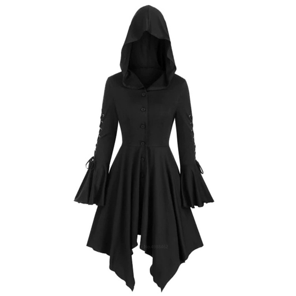 Medieval Cosplay Gothic Halloween Costumes for Women Dress Witch Middle Ages Renaissance Black Cloak Clothing Hooded Dress