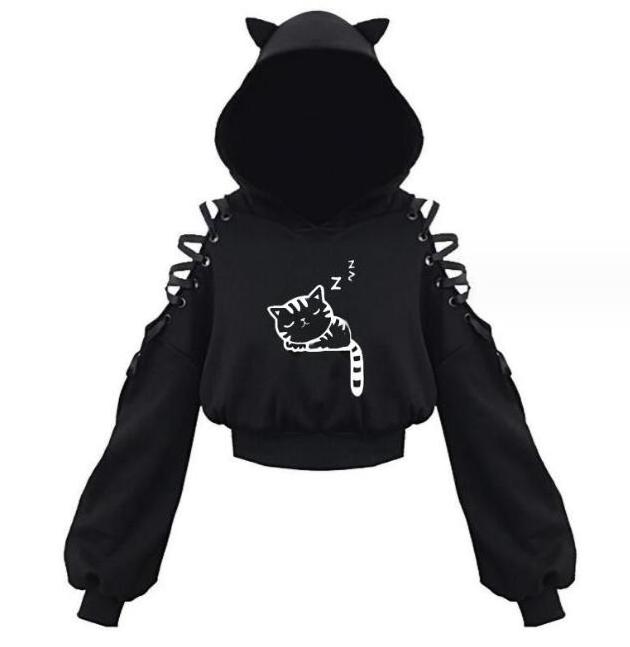 ecowalson  Harajuku Women steampunk Top Long Sleeveless Cute Cat Ear Hooded Pullover Sweatshirt Hollow Out Lace Up Hoodies