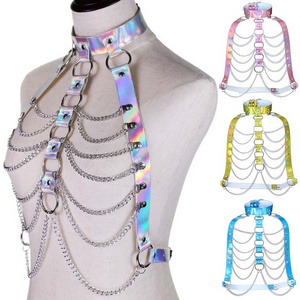 Women Laser Transparent Caged Bra Chain Body Harness Belt 2021 Sexy Waist Belt Bondage Female Holographic Strap Top Waist Belts