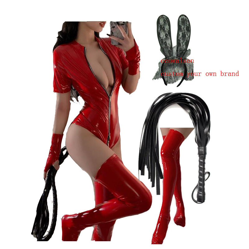 ecowalson  Women Jumpsuit Sexy Soft Pu Leather  Lingerie Female Bodysuit Open Zipper Erotic Latex Catsuit Pole Dance Uniform