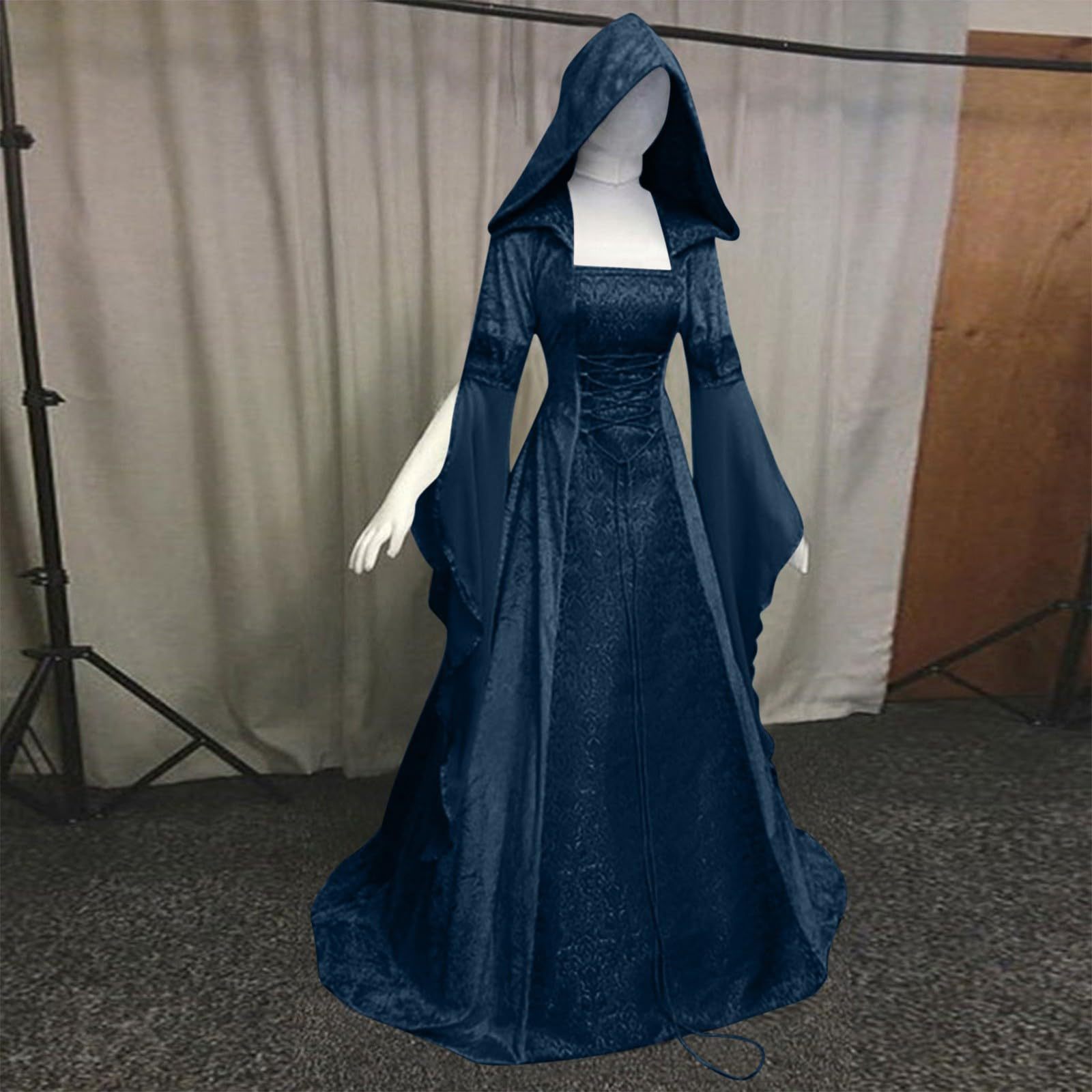 Medieval Renaissance Maxi Train Dress Women Halloween Devil Pagan Witch Wedding Costume Hooded Gown Robe Cosplay Costume