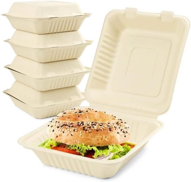 100% Compostable Clamshell Take Out Food Containers 8X8