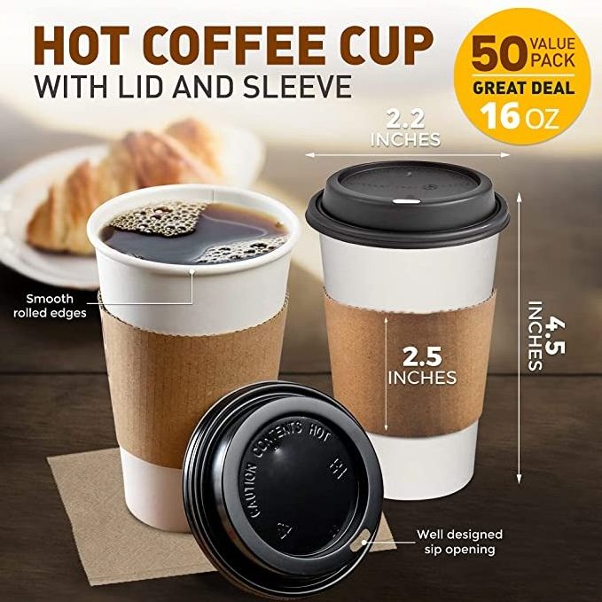 16 oz Hot Beverage Disposable White Paper Coffee Cup with Black Dome Lid and Kraft Sleeve Combo