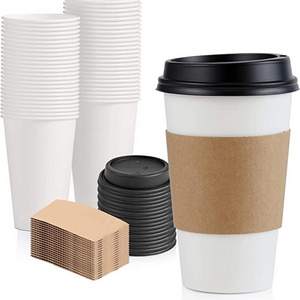 16 oz Hot Beverage Disposable White Paper Coffee Cup with Black Dome Lid and Kraft Sleeve Combo