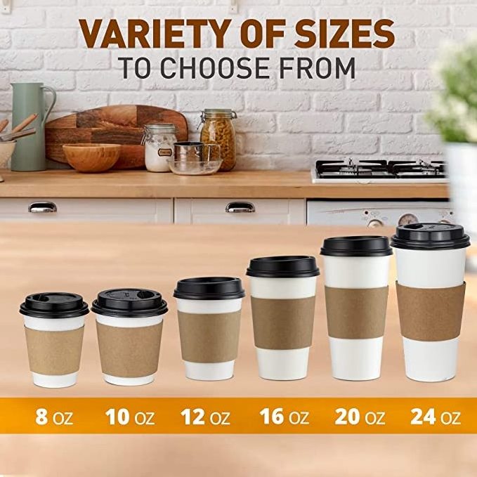 16 oz Hot Beverage Disposable White Paper Coffee Cup with Black Dome Lid and Kraft Sleeve Combo