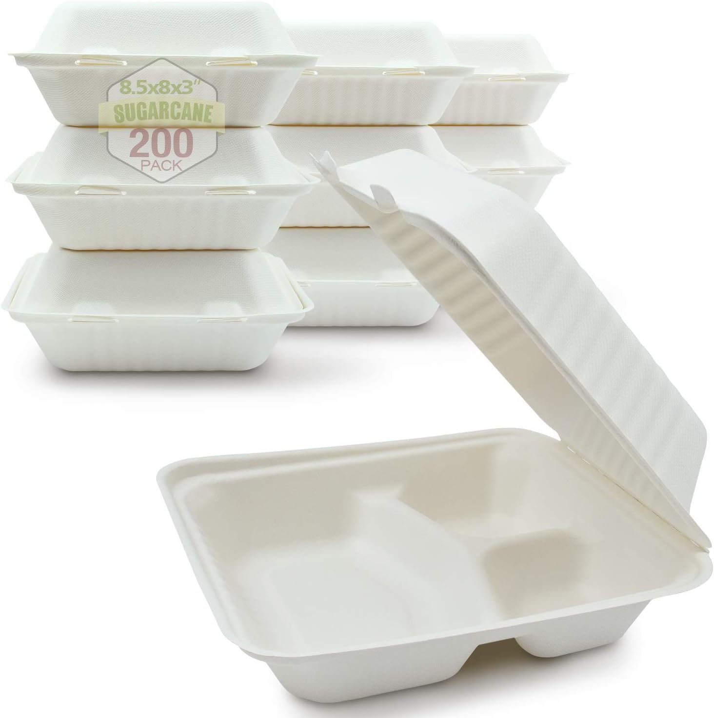 100% Compostable Clamshell Take Out Food Containers 8X8