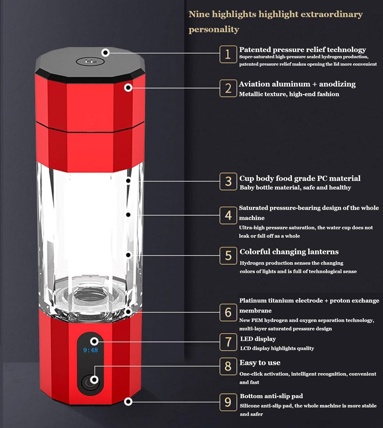 6000ppb SPE PEM Portable Hydrogen Rich Water Bottle Generator Molecular H2 Water Maker Cup 5000ppb