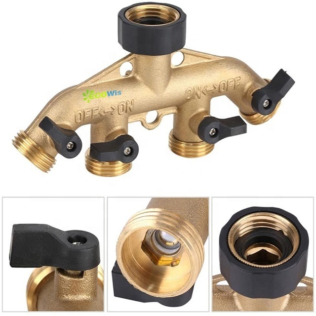 3/4 Inch Brass 4 Way Hose Pipe Splitter Nozzle Switcher Tap Connectors for Garden Irrigation(American Thread 3/4 inch)