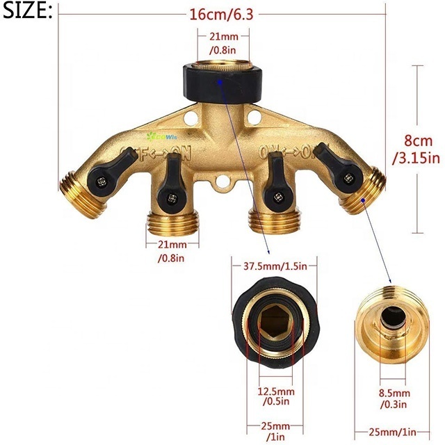 3/4 Inch Brass 4 Way Hose Pipe Splitter Nozzle Switcher Tap Connectors for Garden Irrigation(American Thread 3/4 inch)