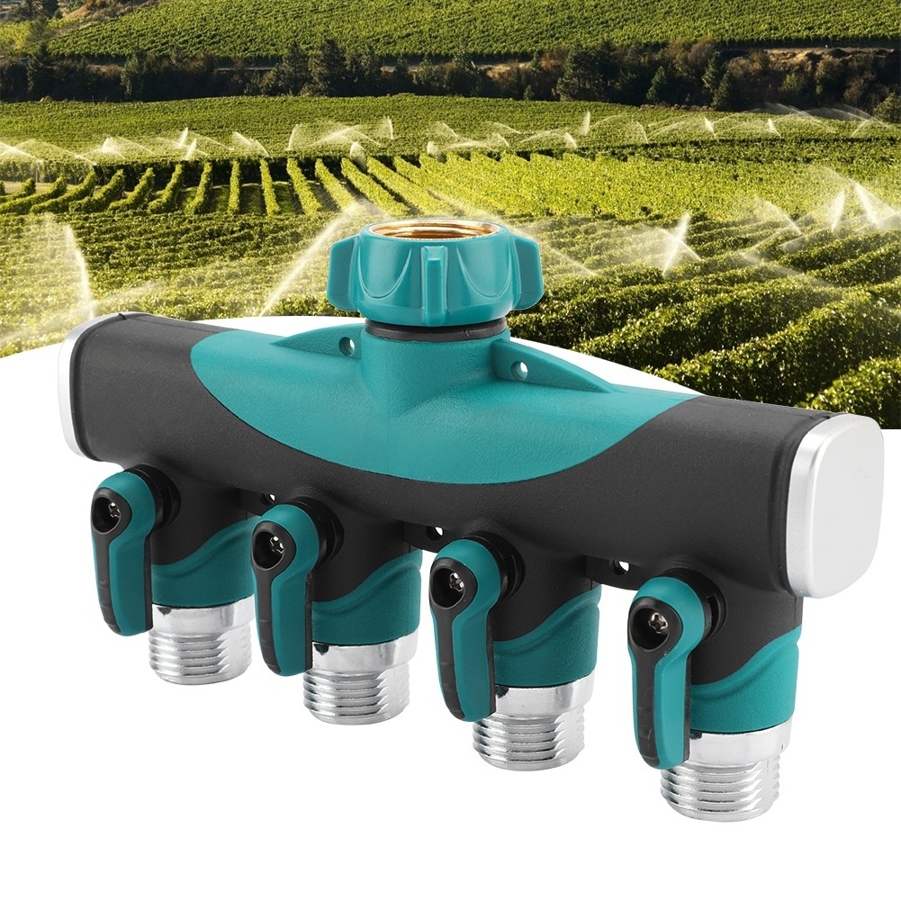 High Quality 4-Way Agricultural Water Pipe Connector EU Thread Metal Valved Heavy Duty Garden Hose Splitter