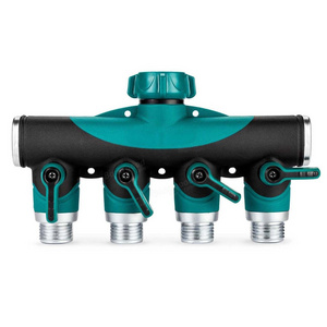 High Quality 4-Way Agricultural Water Pipe Connector EU Thread Metal Valved Heavy Duty Garden Hose Splitter