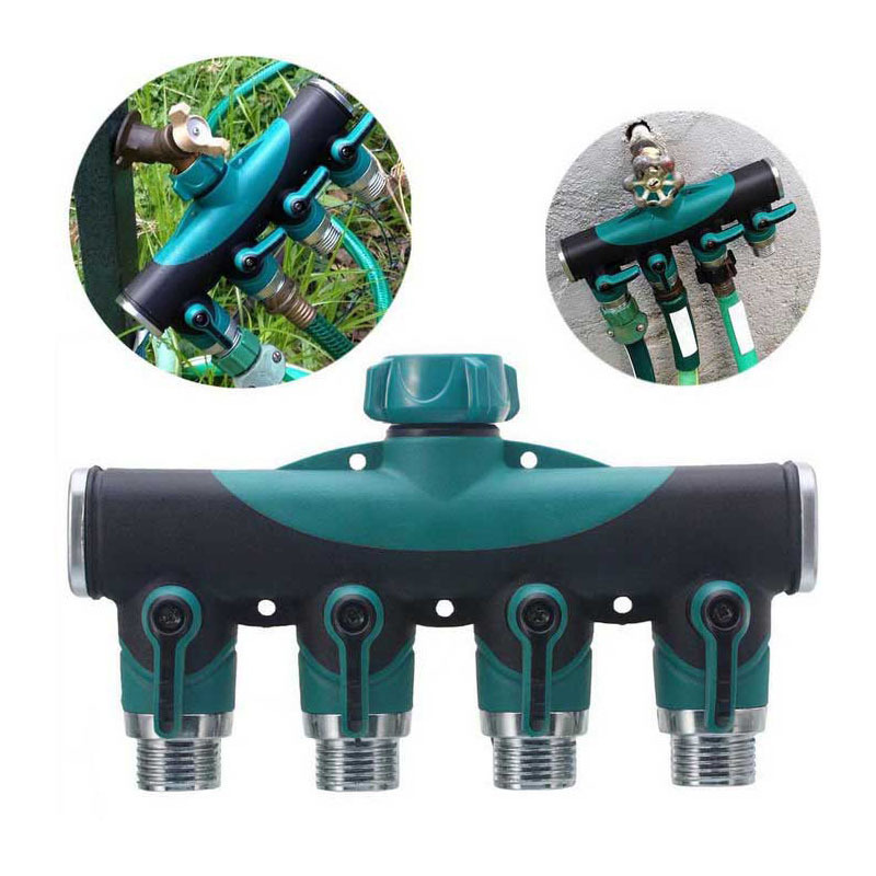 High Quality 4-Way Agricultural Water Pipe Connector EU Thread Metal Valved Heavy Duty Garden Hose Splitter