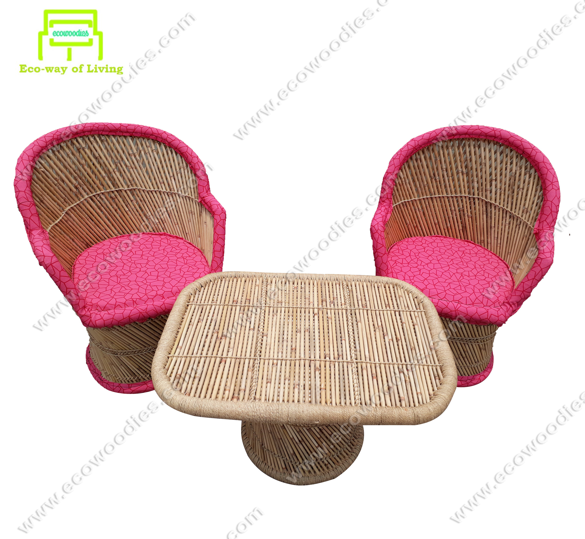 Stylish Handmade Garden Lounge Bamboo Rattan Chair Set of 2 with Center Table Pink Cushion Padding Outdoor Patio Furniture