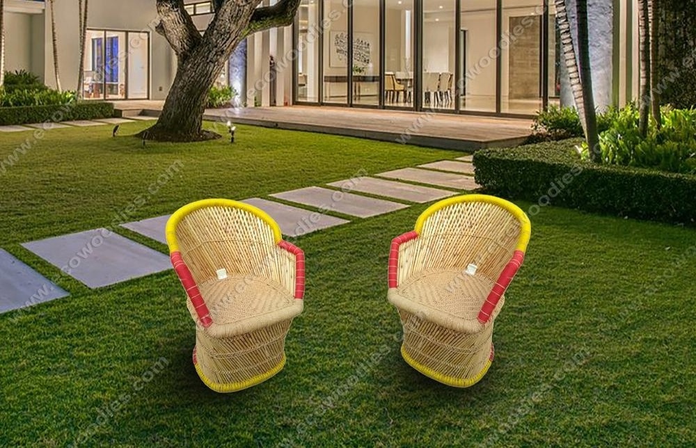 100% eco-friendly vintage bamboo handmade throne chair rounded with red yellow woven edges ideal for garden lounge living room