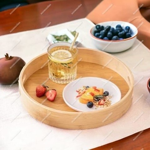 Rounded Handmade Breakfast Wooden Bamboo Tray  Eco-friendly Large Capacity Bamboo Bread Food Storage for Kitchen Counter