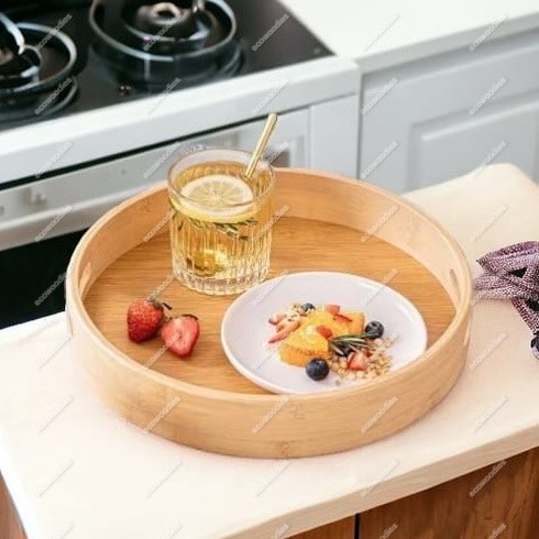 Rounded Handmade Breakfast Wooden Bamboo Tray  Eco-friendly Large Capacity Bamboo Bread Food Storage for Kitchen Counter