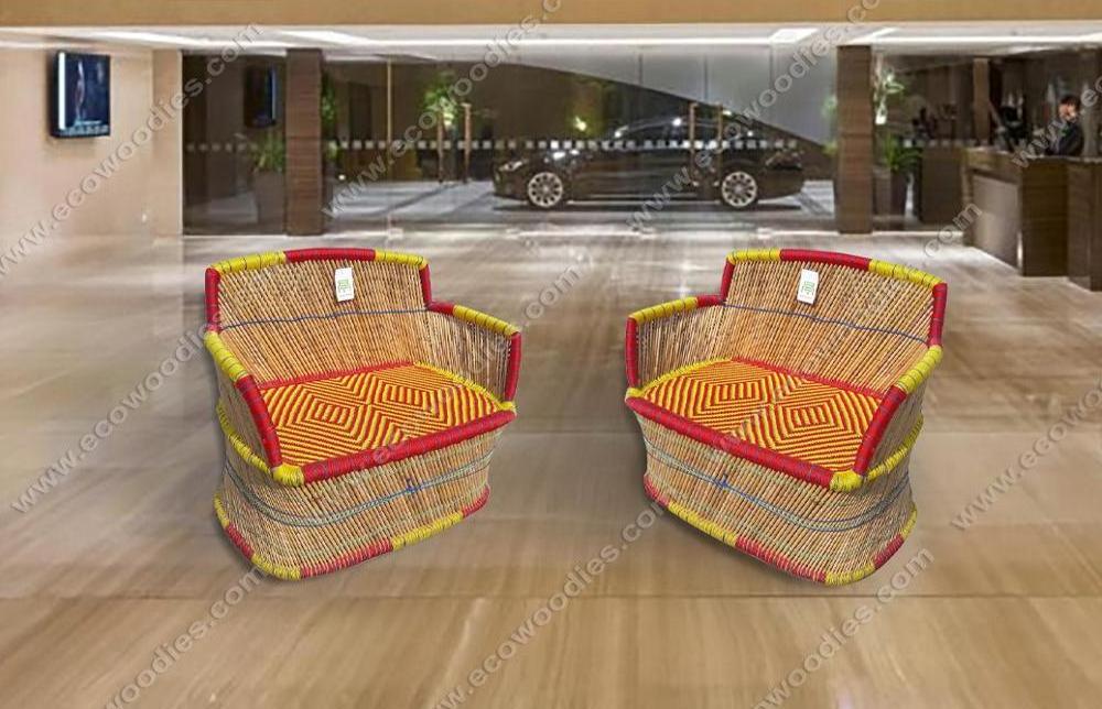 2024 Popular 2021 New Model Red Yellow Woven 2 Seat Outdoor Sofa Chair Rattan Wicker Furniture for Restaurant Living Room Wholesale