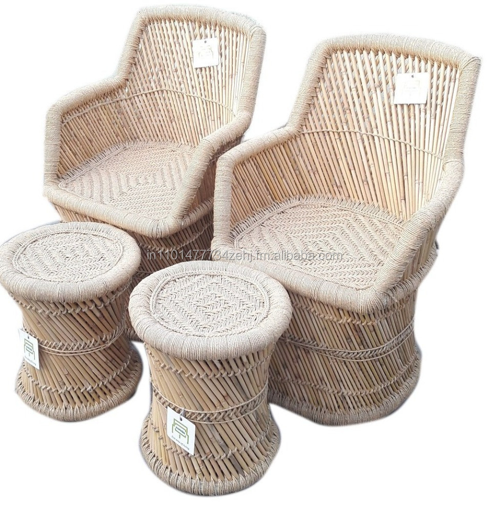 Luxurious Cane Back Cafeteria Handicraft Patio Sitting Lawn Balcony Garden Cane/Bamboo Chairs and Ottoman Furniture Set