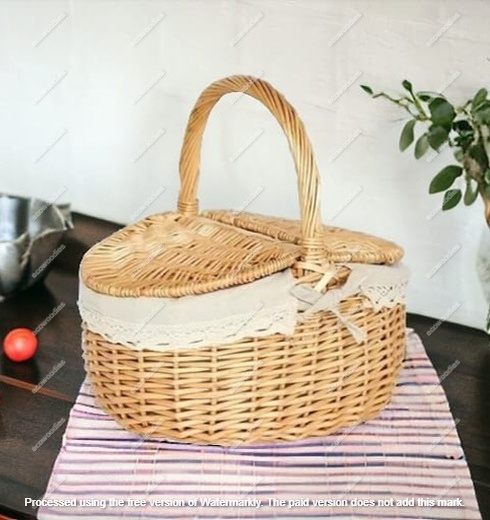 Vintage Wicker Wine Willow Bamboo Wooden Top Picnic Basket Set With wooden Handle and Lid for 4 person Rattan Picnic Basket